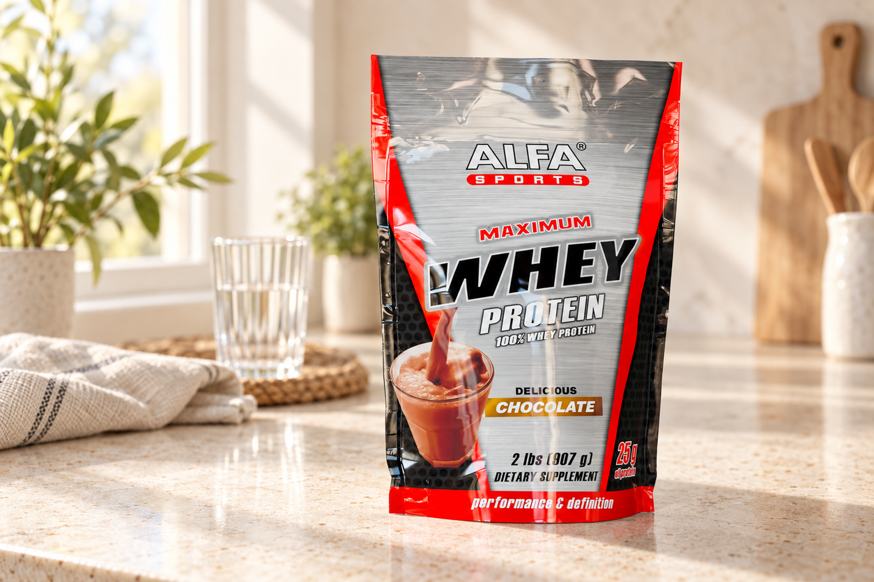 Maximum Whey Protein Powder - 2 Pounds Bag (Chocolate) photographed in a warm natural setting