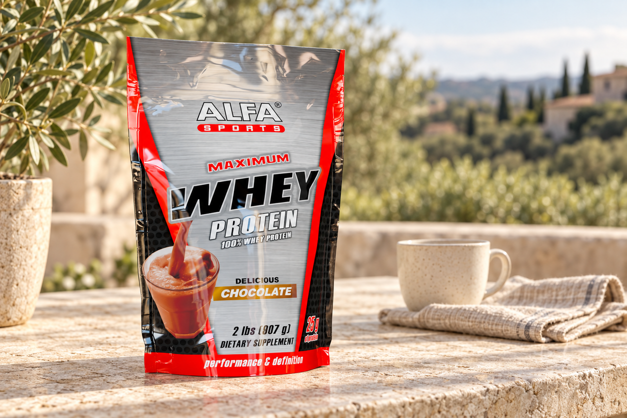 Maximum Whey Protein Powder - 2 Pounds Bag (Chocolate) photographed in a warm natural setting