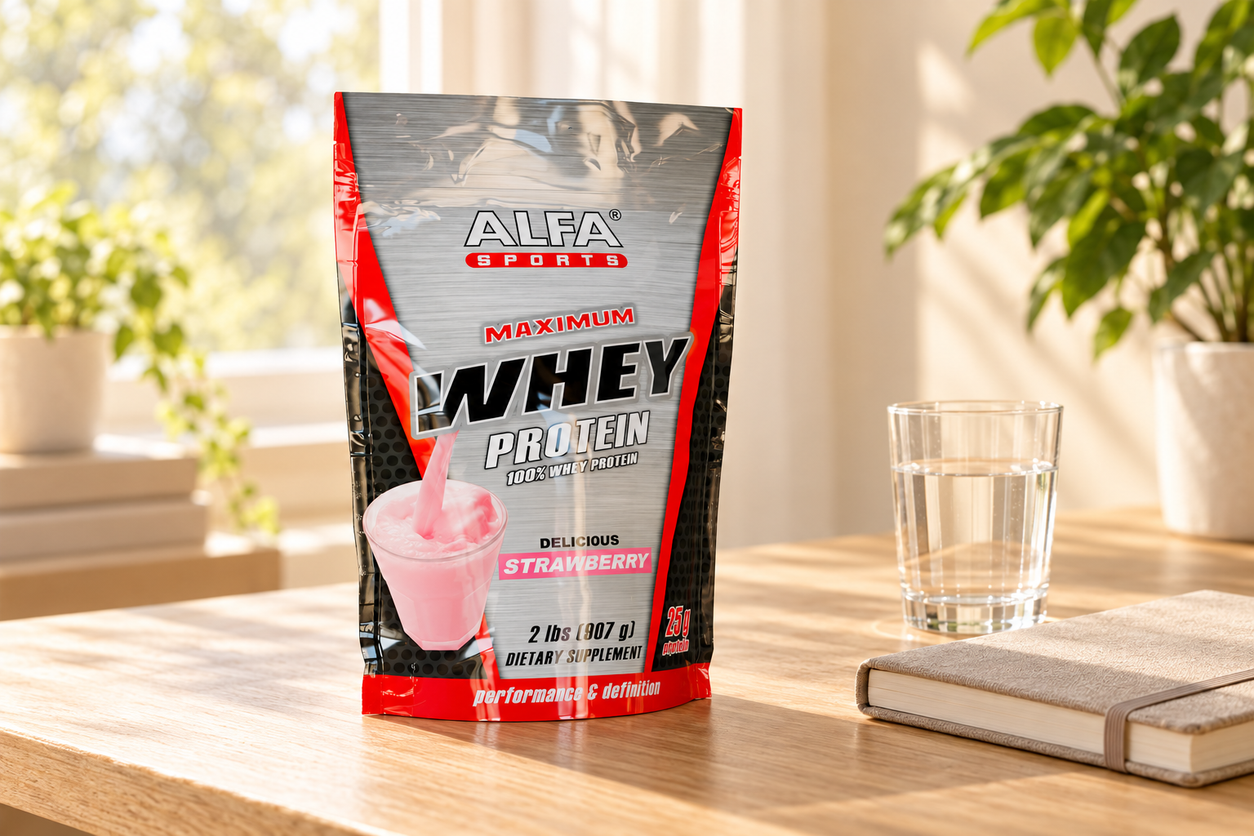 Maximum Whey Protein Powder - 2 Pounds Bag (Strawberry) package on a light oak desk beside a notebook and water glass.