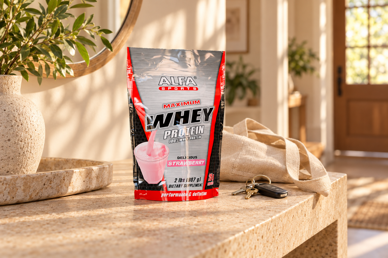 Maximum Whey Protein Powder - 2 Pounds Bag (Strawberry) package on an entryway console beside a canvas tote.