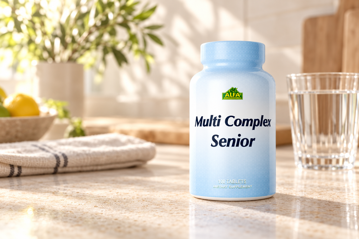 Multi Complex Senior Male Formula - 100 tablets photographed in a warm natural setting