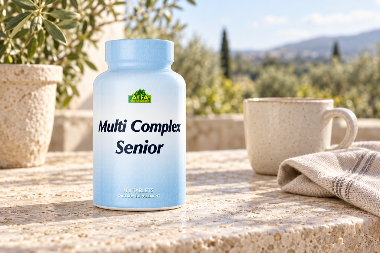 Multi Complex Senior Male Formula - 100 tablets photographed in a warm natural setting