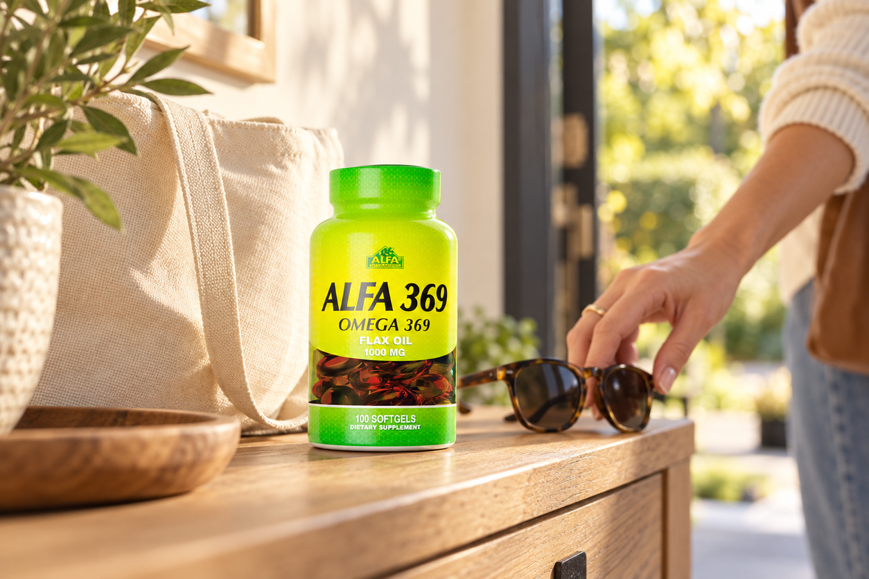 Alfa 369 - Omega 369 - Flax Oil 1000 mg - 100 Softgels in an everyday setting