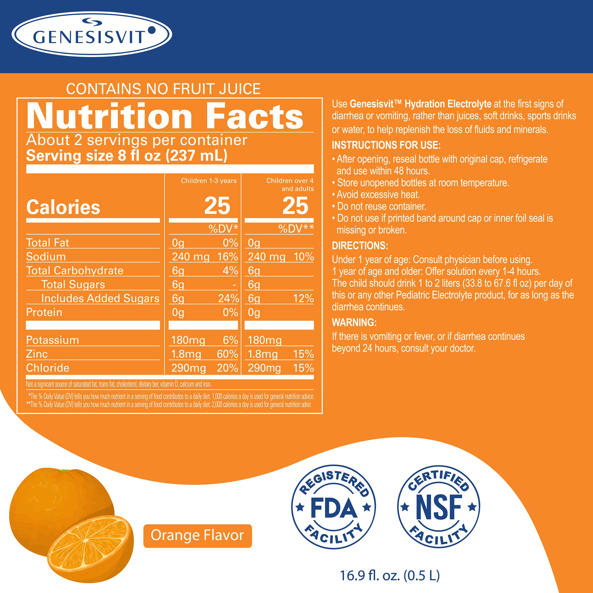 Genesisvit® Electrolyte Solution 16.9 fl oz by Alfa Vitamins Store displays nutrition facts, including serving size, calories, ingredients, rehydration directions, and certifications for the orange flavor. The image features an orange slice at the bottom. Comes in a 12 pack.