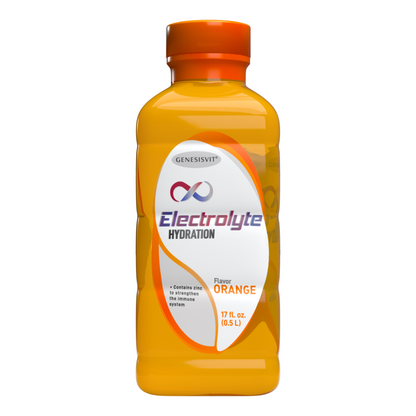 The Genesisvit® Electrolyte Solution by Alfa Vitamins Store, in a 16.9 fl oz orange bottle, features an Electrolyte Hydration label and includes zinc for immune support. Ideal for rehydration and refreshment, it boasts an orange flavor. Available in packs of 12.