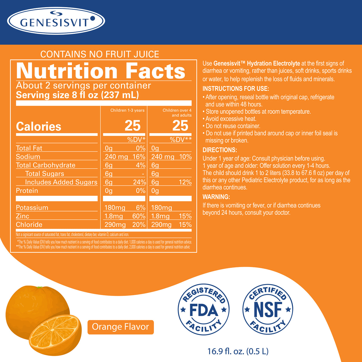 Nutrition Facts panel for Genesisvit Electrolyte Hydration Orange flavor.