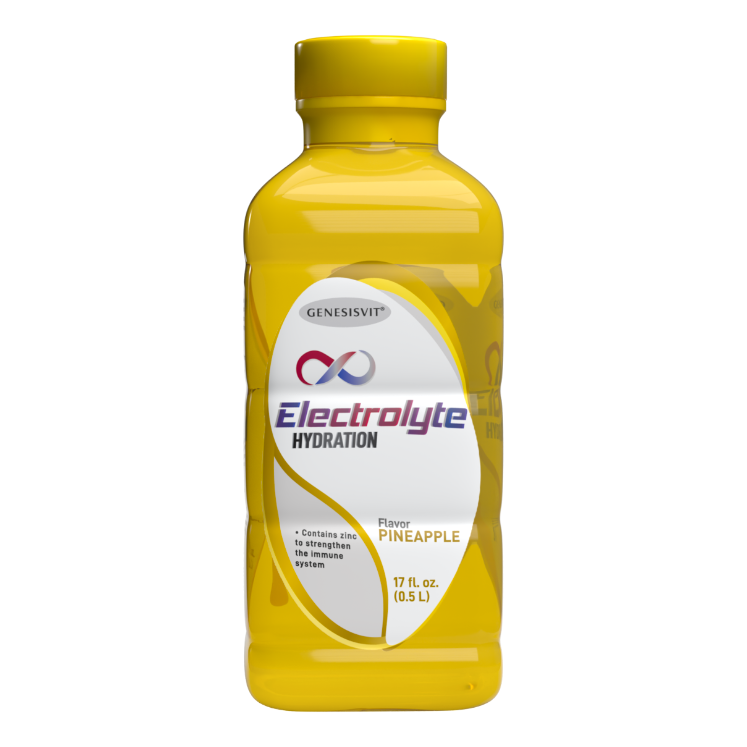 A vibrant yellow bottle from Alfa Vitamins Store, Genesisvit® Electrolyte Solution Flavor PINEAPPLE, provides 16.9 fl oz of hydration with zinc for immune support, featuring a colorful infinity symbol and highlighting its effective replenishment of electrolytes and vitality.