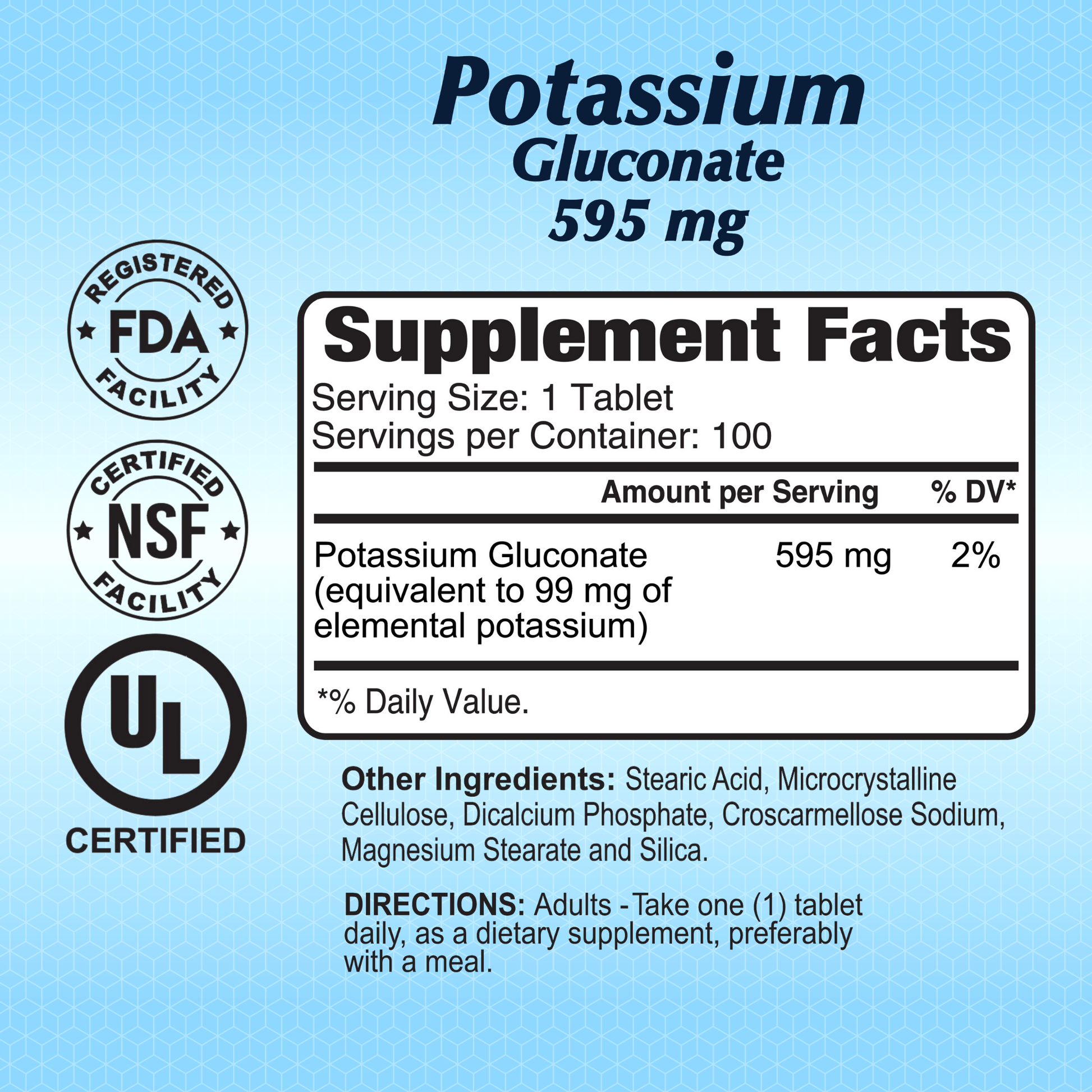 The Alfa Vitamins Potassium Gluconate 595 mg supplement supports heart and muscle health, featuring certifications from FDA, NSF, and UL. It includes supplement facts, serving size info, and other ingredients like stearic acid and cellulose, with dosage instructions for adults to maintain electrolyte balance.