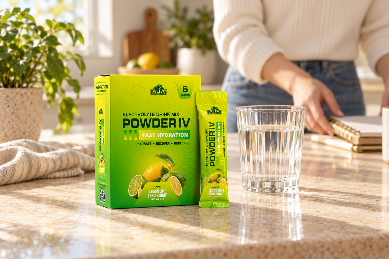 Powder IV Lemon Lime Electrolyte Drink Mix – Zero Sugar, 6 Packets in an everyday setting