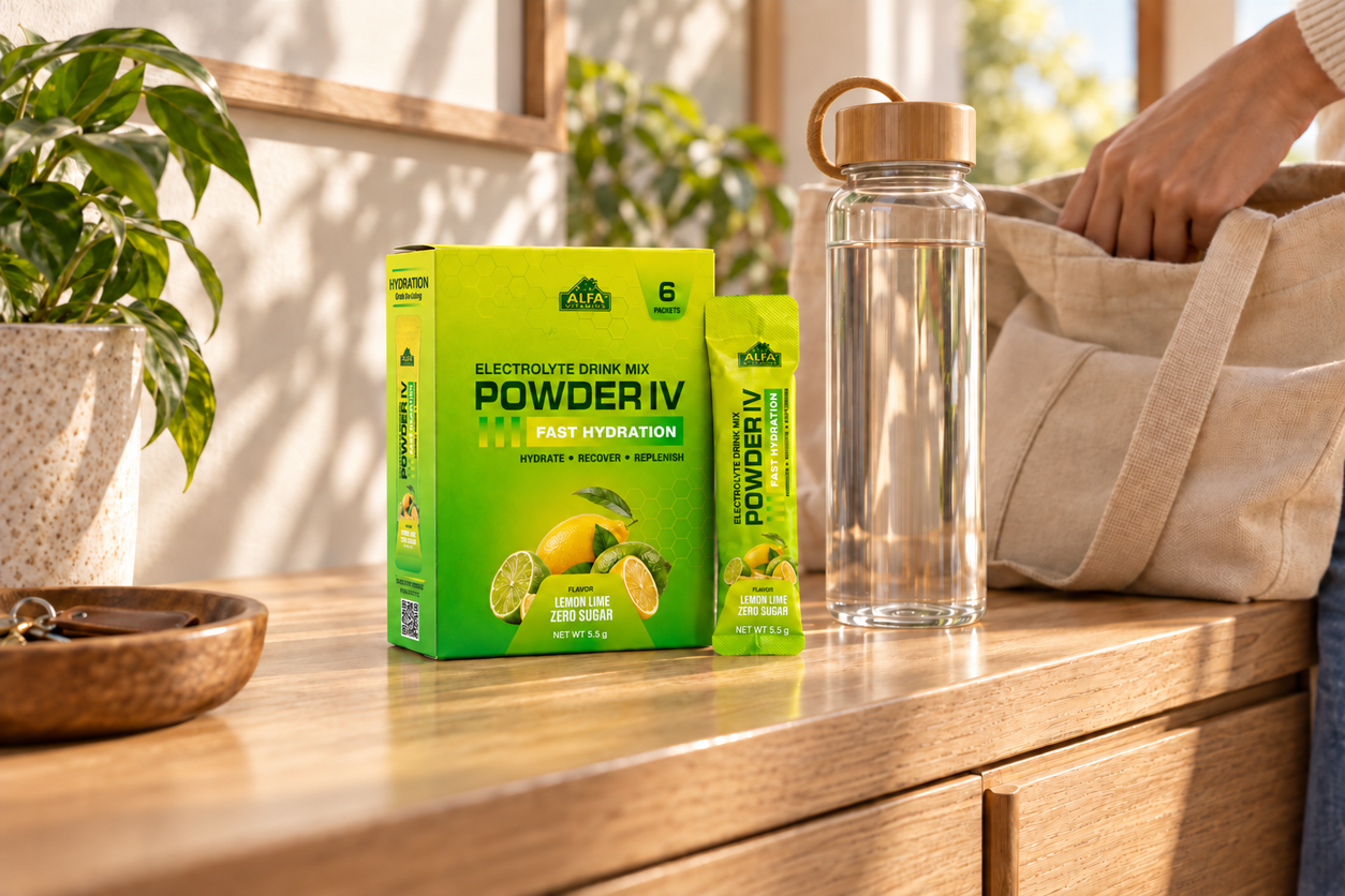 Powder IV Lemon Lime Electrolyte Drink Mix – Zero Sugar, 6 Packets in an everyday setting