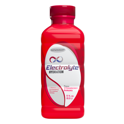 The Genesisvit® Electrolyte Solution from Alfa Vitamins Store, in a strawberry banana flavor, comes in 16.9 fl oz bottles and is designed for efficient rehydration while strengthening the immune system.