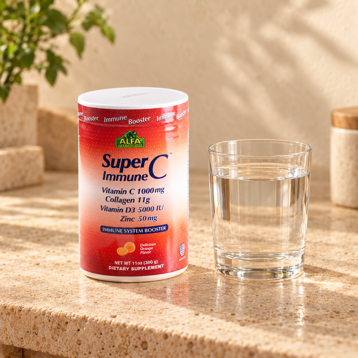 Closed Alfa SuperC Immune orange flavor 11 oz canister on a warm stone counter beside a plain water glass.