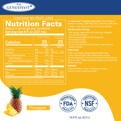 The Genesisvit® Electrolyte Solution by Alfa Vitamins Store, in a yellow and blue label, features Pineapple Hydration with Nutrition Facts showing serving size, calories, and electrolytes. It includes FDA and NSF logos, while a pineapple image decorates the bottom left for refreshing hydration.