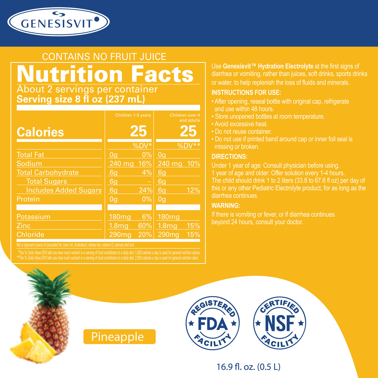 Existing Genesisvit® Electrolyte Solution 16.9 fl oz each - 12 Pack (Pineapple) label and ingredients reference