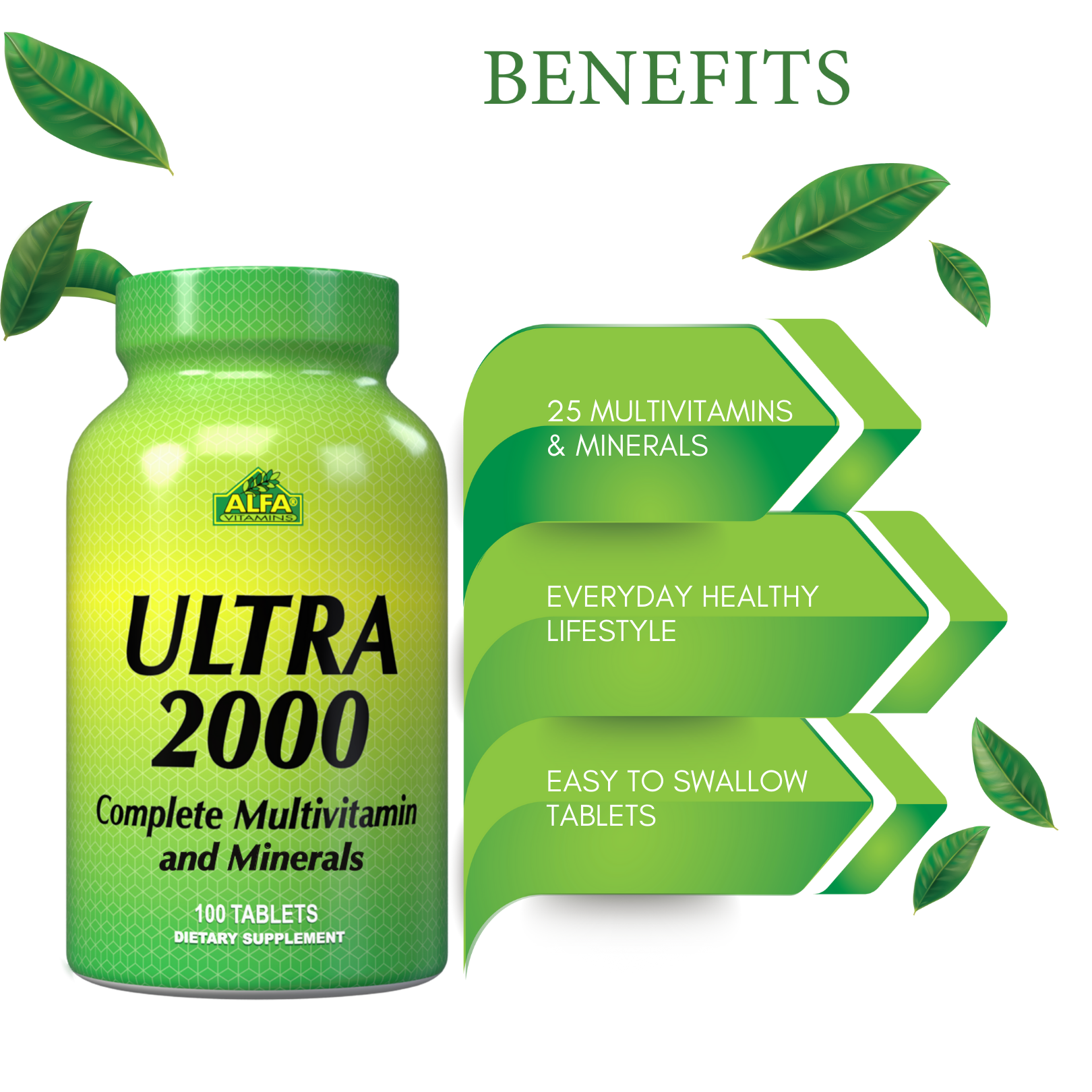 A green bottle of Alfa Vitamins Ultra 2000 - 100 tablets is displayed with green arrows highlighting 25 Multivitamins & Minerals, Everyday Nutritional Support, and Easy to Swallow Tablets. A leafy background accentuates the health theme.