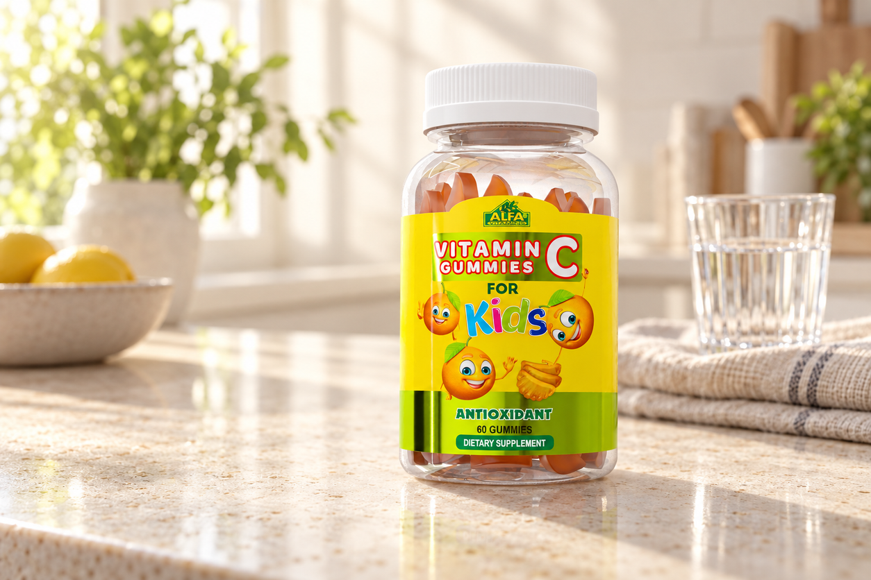 Vitamin C Gummies for Kids - 250 mg per Serving - 60 Gummies photographed in a warm natural setting