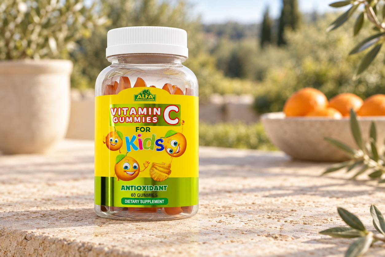 Vitamin C Gummies for Kids - 250 mg per Serving - 60 Gummies photographed in a warm natural setting