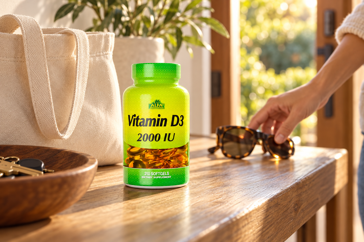 Vitamin D3 2000 IU - 250 Softgels in an everyday setting