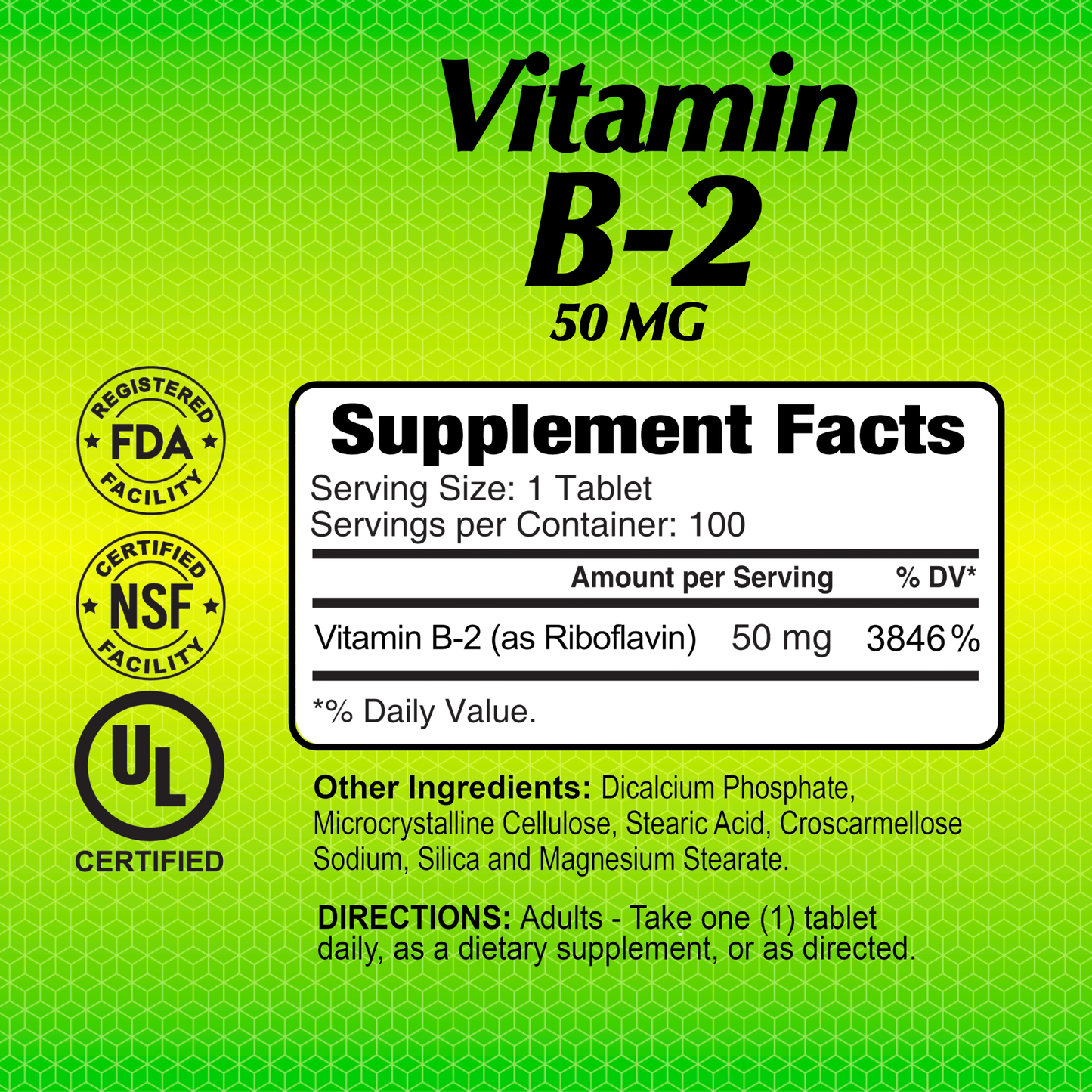 Label for Alfa Vitamins Vitamin B2 50 mg supplement emphasizes 50 MG riboflavin for energy support, featuring FDA, NSF, and UL certifications. Supplement facts: serving size is 1 tablet with 100 servings per bottle. Includes other ingredients and usage directions.