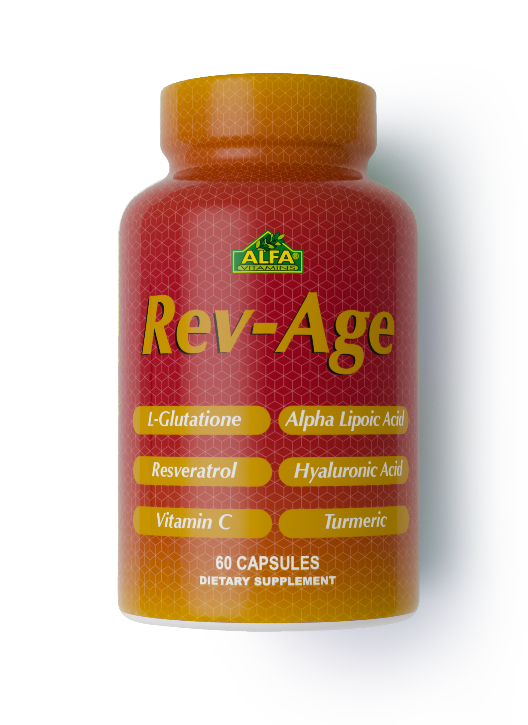 A bottle of Alfa Vitamins REV-AGE Cellular Repair Formula with 60 capsules includes L-Glutathione, Resveratrol, Vitamin C, Alpha Lipoic Acid, Hyaluronic Acid, and Turmeric. The vibrant red packaging is enhanced by a striking yellow design.