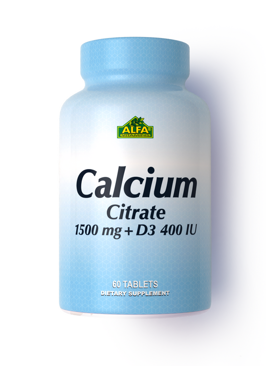 Alfa Vitamins Store offers a bottle of Calcium Citrate 1500 mg + Vitamin D3, designed to support bone health. The label, set against a light blue background, states 60 tablets and dietary supplement.