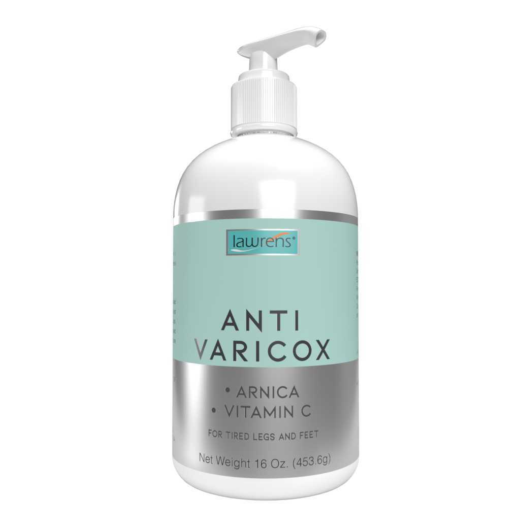 A 16 oz bottle of Anti-Varicox Cream from Alfa Vitamins Store, Lawrens Cosmetics features a pump dispenser and key ingredients like Arnica and Vitamin C, perfect for soothing tired legs and feet.