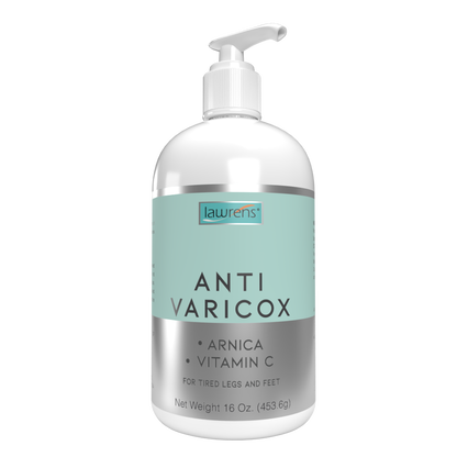 A 16 oz bottle of Anti-Varicox Cream from Alfa Vitamins Store, Lawrens Cosmetics features a pump dispenser and key ingredients like Arnica and Vitamin C, perfect for soothing tired legs and feet.