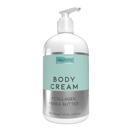 A 16 oz bottle of Body Cream Collagen with Shea Butter by Lawrens Cosmetics from Alfa Vitamins, featuring a light blue and silver label. Enriched with marine collagen, it offers optimal skin hydration and anti-aging benefits.