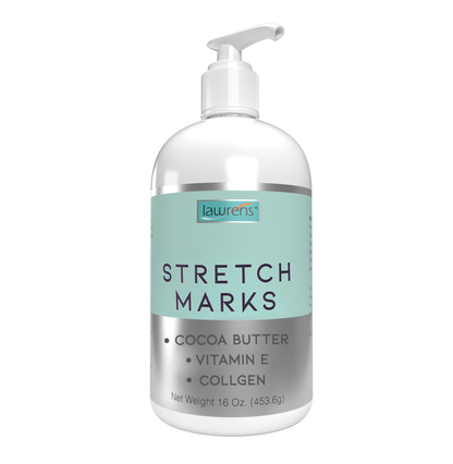 A 16 oz bottle of Stretch Marks Cream with Cocoa Butter by Alfa Vitamins features a pump dispenser. Enriched with cocoa butter, vitamin E, and collagen, its moisturizer showcases the brand name on a teal background.