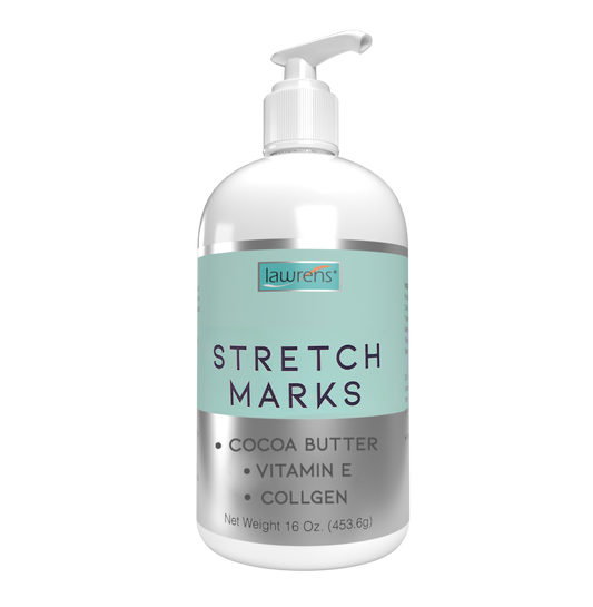 A 16 oz bottle of Stretch Marks Cream with Cocoa Butter by Alfa Vitamins features a pump dispenser. Enriched with cocoa butter, vitamin E, and collagen, its moisturizer showcases the brand name on a teal background.