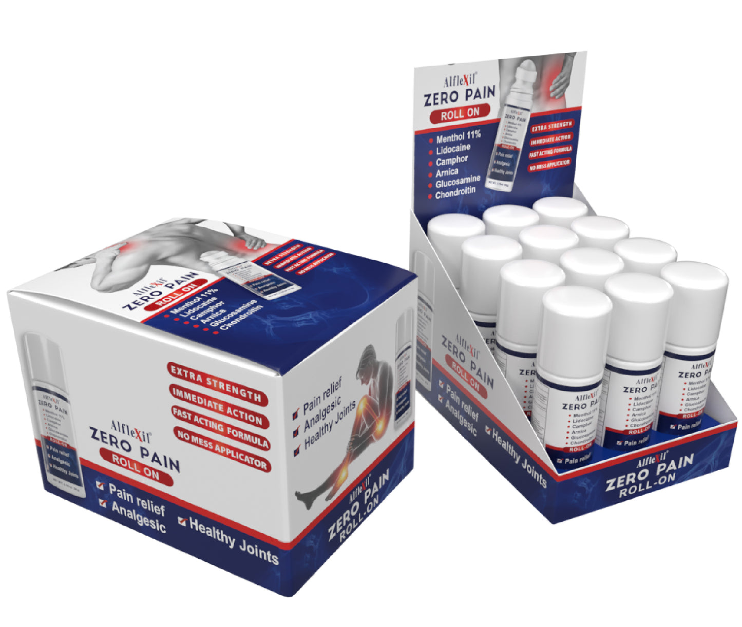 Display of ALFLEXIL Pain Relief Roll-On from Alfa Vitamins Store, highlighting blue and red packaging. One set shows a roll-on box; another, an open box with multiple roll-ons. This analgesic offers quick pain relief and supports healthy joints with a 3.18 oz size in a 12-pack.