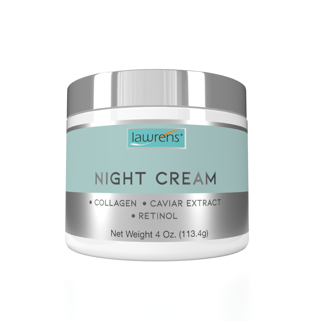 Jar of Alfa Vitamins Night Cream with collagen, caviar extract, and retinol. It has a silver lid and a light green label with gray text. Net weight is 4 oz (113.4g).