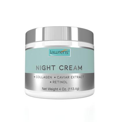 Jar of Alfa Vitamins Night Cream with collagen, caviar extract, and retinol. It has a silver lid and a light green label with gray text. Net weight is 4 oz (113.4g).