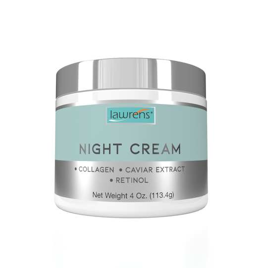 Jar of Alfa Vitamins Night Cream with collagen, caviar extract, and retinol. It has a silver lid and a light green label with gray text. Net weight is 4 oz (113.4g).