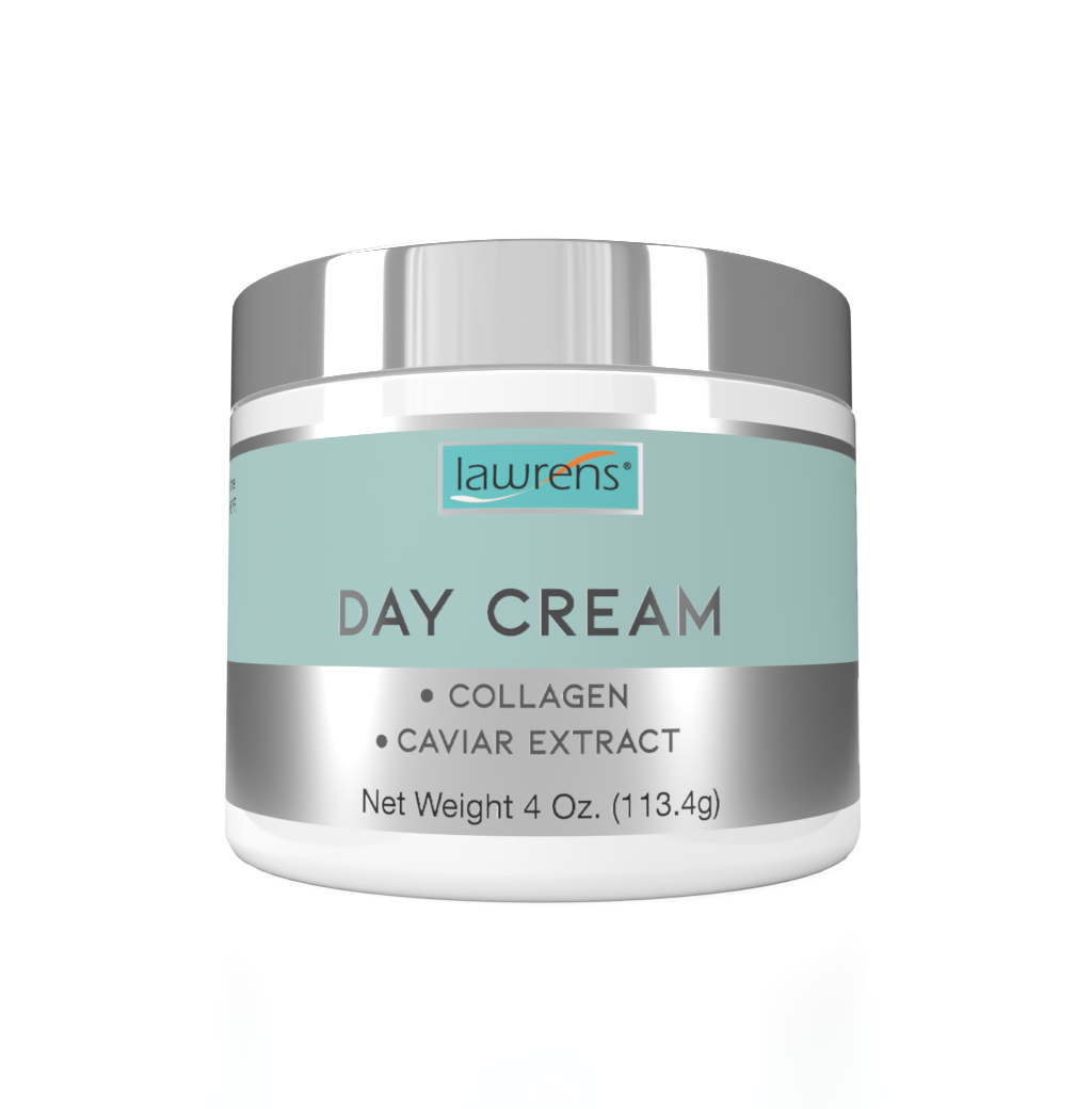 A 4 oz jar of Alfa Vitamins Stores Day Cream with Caviar Extract, featuring a silver lid and blue label, highlights its key ingredients: collagen and caviar extract.