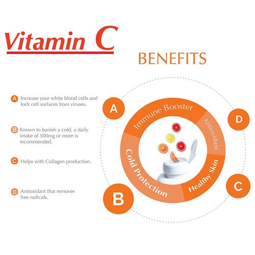 Infographic titled Vitamin C 1000 mg Benefits by Alfa Vitamins displays a circular diagram highlighting roles: Immune Booster, Cold Protection, Antioxidant, Healthy Skin, detailing collagen production support, enhanced white blood cell count for immunity, and free radical elimination.