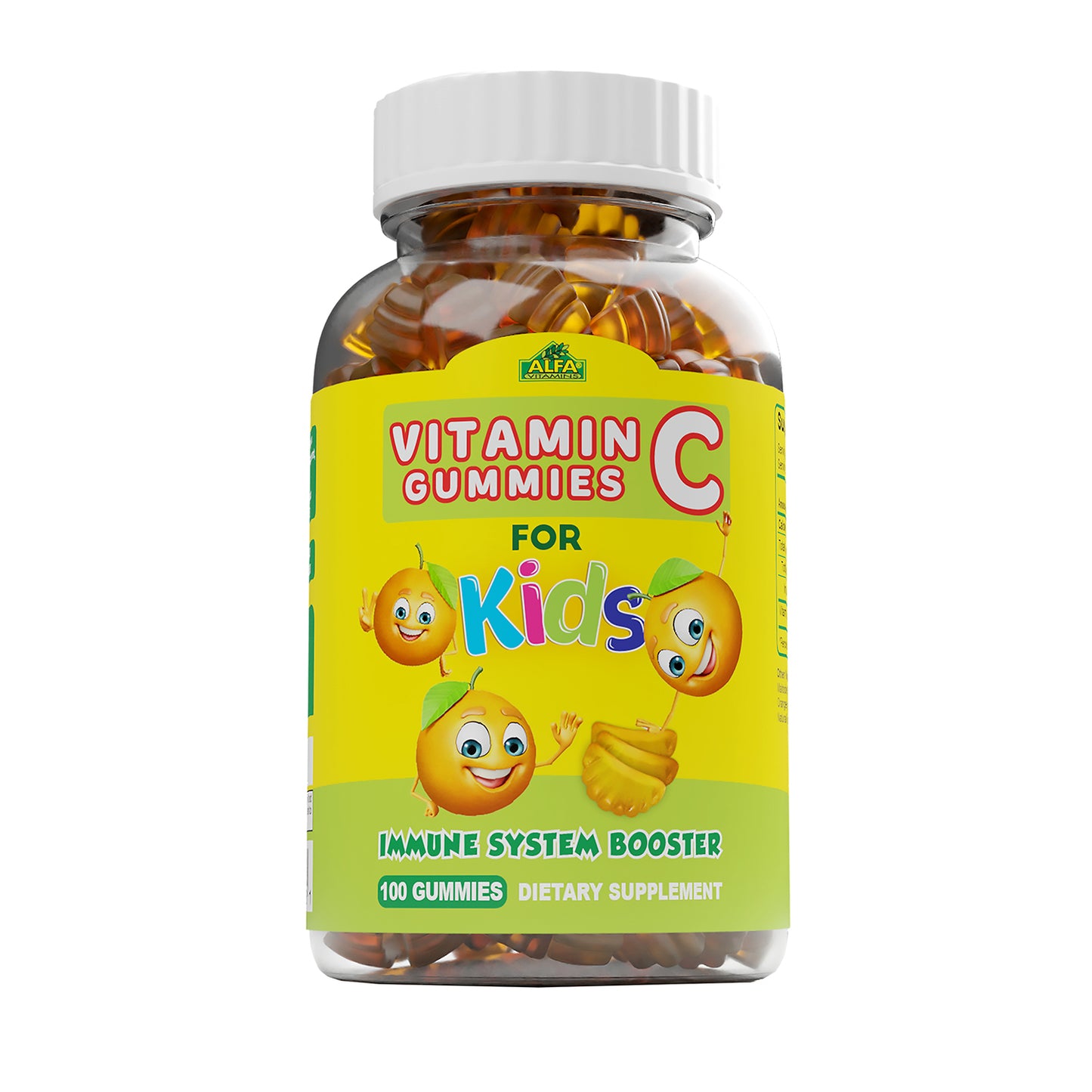A clear bottle of Alfa Vitamins Stores Vitamin C Gummies for Kids shows colorful gummies inside. It features a yellow label with cartoon smiley faces, and reads Immune System Booster and 250mg - 100 Gummies, perfect for supporting your childs immune system.