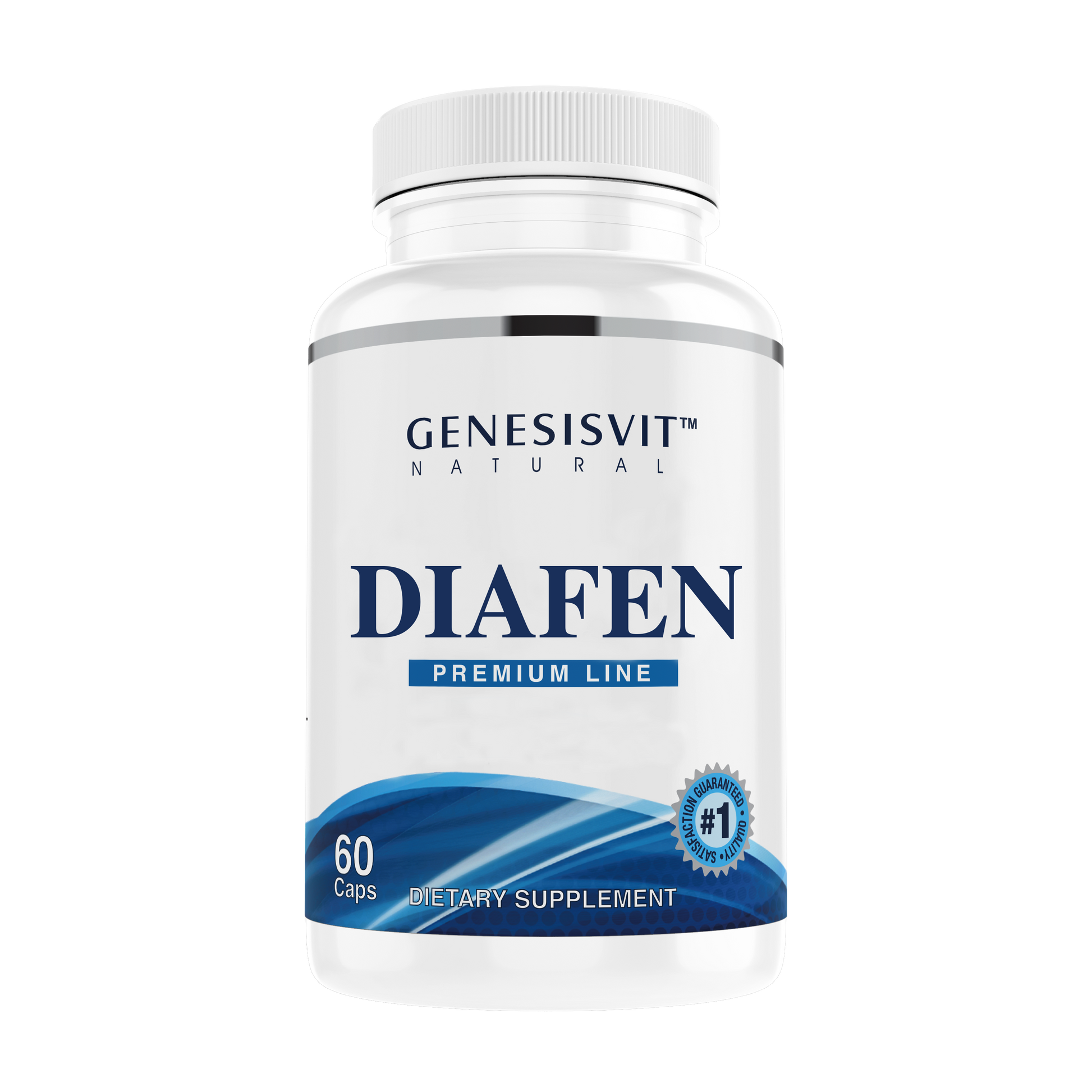 The Genesisvit® DIAFEN Premium Line by Alfa Vitamins is a dietary supplement in a white bottle with 60 capsules, featuring a blue wave design and a #1 seal. It promotes optimal glucose levels with its unique herbal formula.