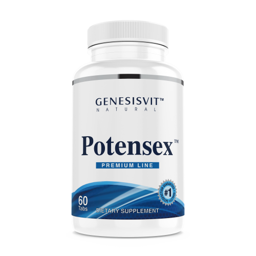 A bottle of Genesisvit® Potensex Premium, a dietary supplement promoting sexual health with natural ingredients, contains 60 tablets. The white label features a blue and white design with a #1 badge.