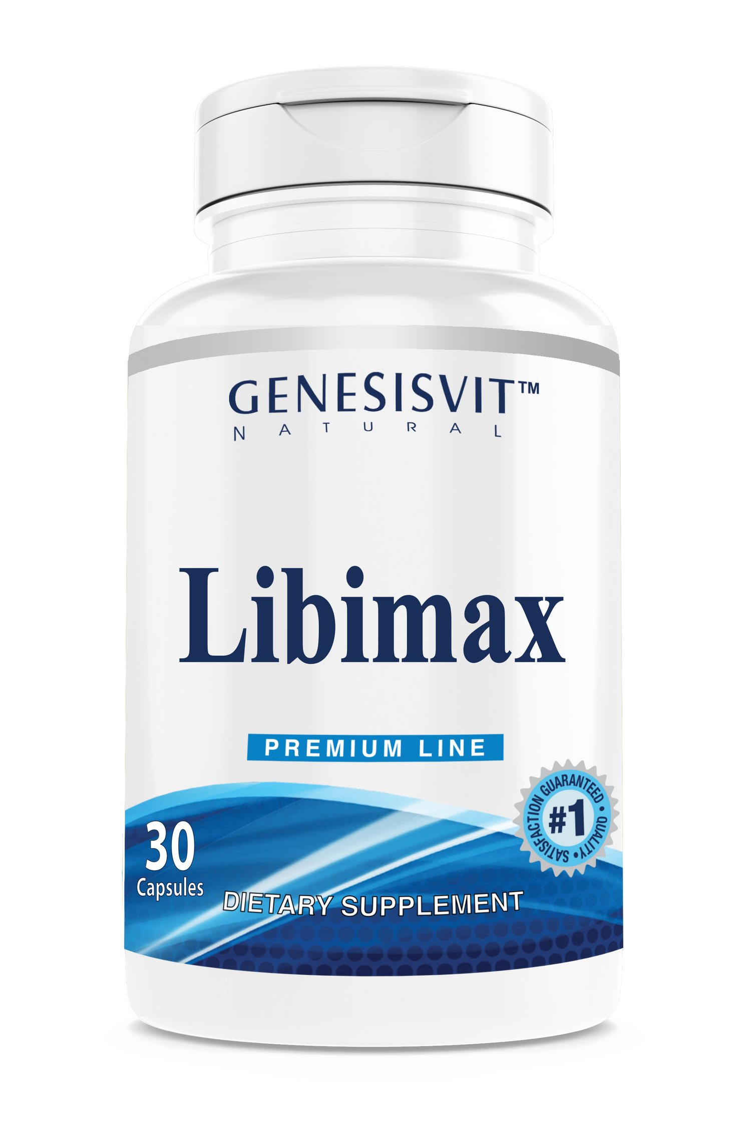 A blue-accented white bottle labeled Genesisvit® LibiMax Premium Line from Alfa Vitamins holds 30 capsules. Its a dietary supplement for libido enhancement and features a #1 Guarantee badge.