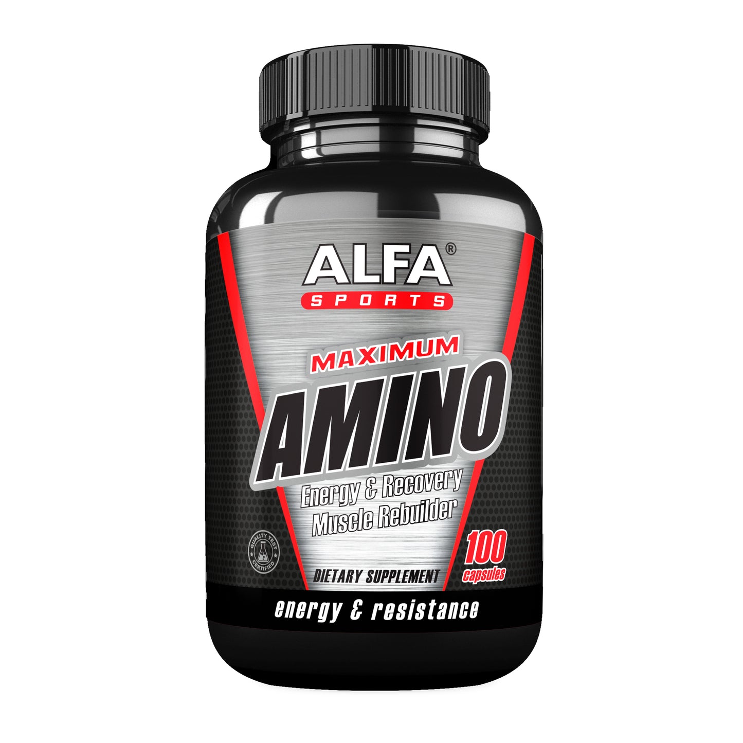 A black and silver bottle of Alfa Vitamins Maximum Amino contains 100 capsules, a soy-based supplement for Energy & Recovery Muscle Rebuilder and Energy & Resistance, aiding protein synthesis with essential amino acids.