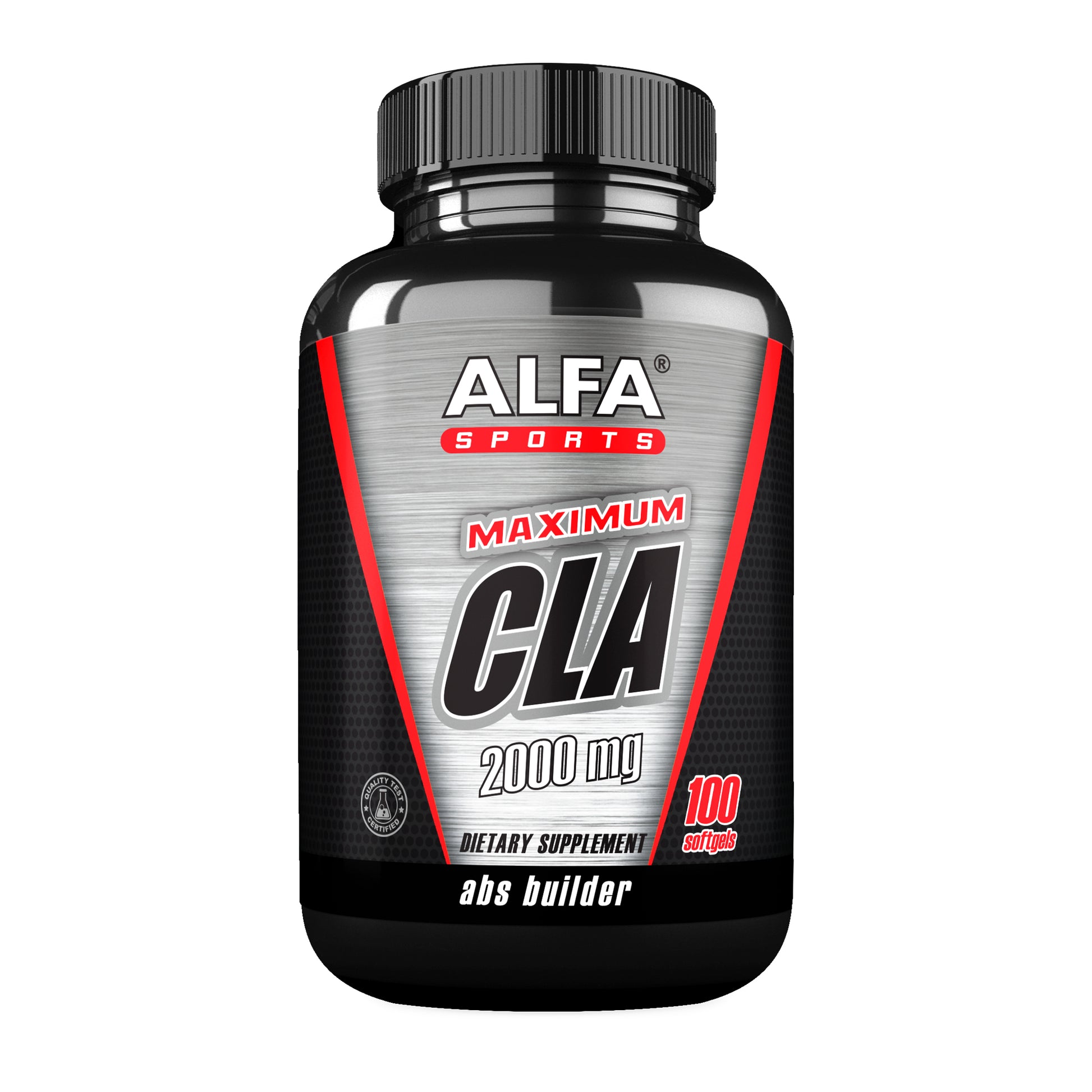 Alfa Vitamins Maximum CLA 2000 mg dietary supplement comes in a sleek black bottle with a silver and red design, containing 100 softgels. Marketed as an abs builder, it features conjugated linoleic acid (CLA) from safflower oil for optimal weight management.