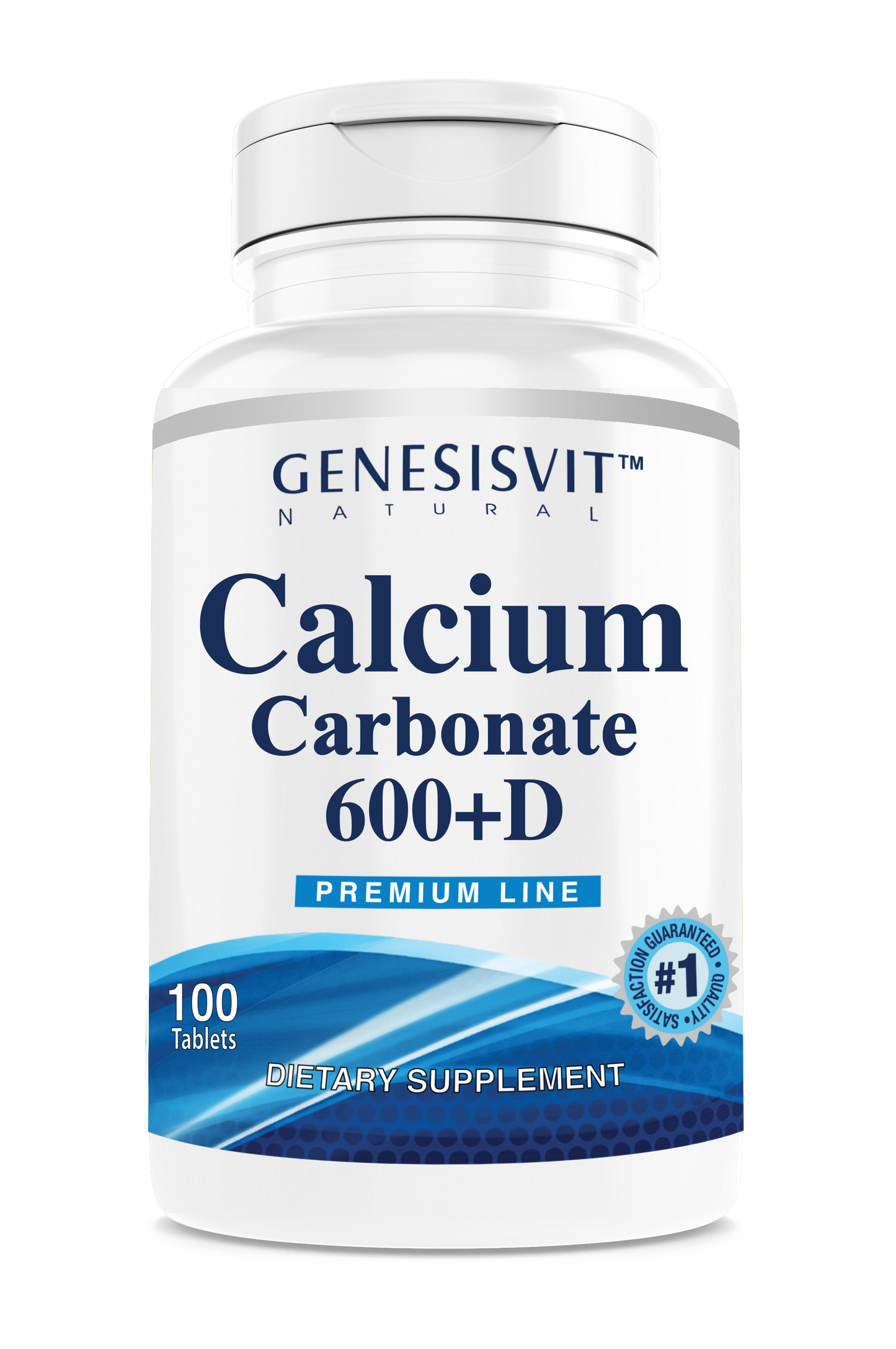 A bottle from Alfa Vitamins labeled Genesisvit® Calcium 600 + D Premium Line contains 60 tablets. It is a dietary supplement with Vitamin D for joint health, featuring a #1 Guaranteed Satisfaction emblem and blue waves at the bottom.