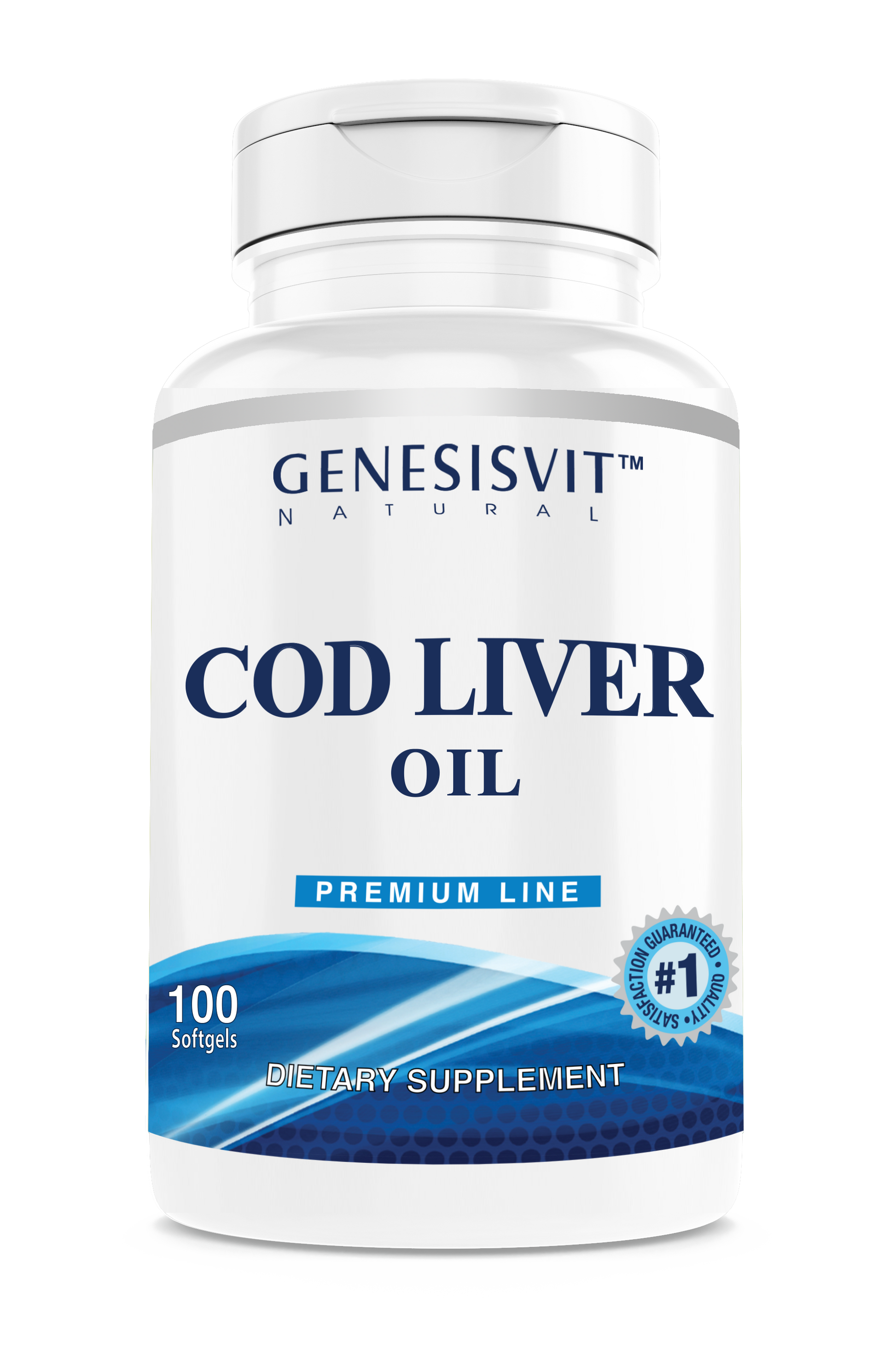 The Alfa Vitamins Genesisvit® Cod Liver Oil Premium Line includes 100 softgels featuring omega-3 fatty acids and vitamins A & D, presented in a white and blue bottle with a #1 Guaranteed Purity label.