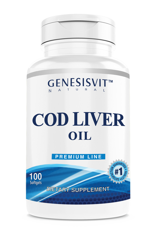 The Alfa Vitamins Genesisvit® Cod Liver Oil Premium Line includes 100 softgels featuring omega-3 fatty acids and vitamins A & D, presented in a white and blue bottle with a #1 Guaranteed Purity label.