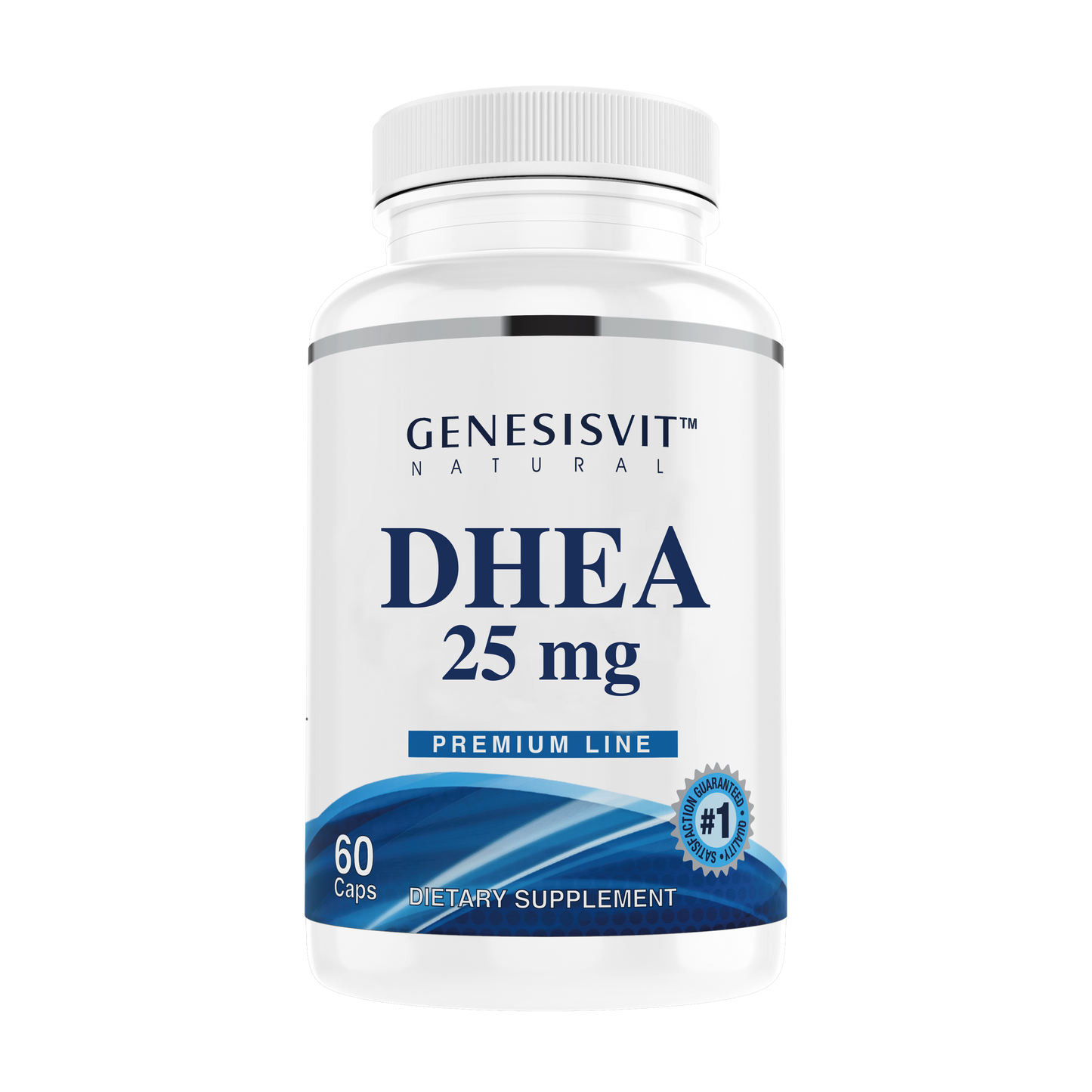 White Genesisvit® DHEA 25mg Premium Line bottle by Alfa Vitamins, featuring #1 seal. Contains 60 capsules for lean muscle mass and immune support. Blue and white design with curved graphic at the base.