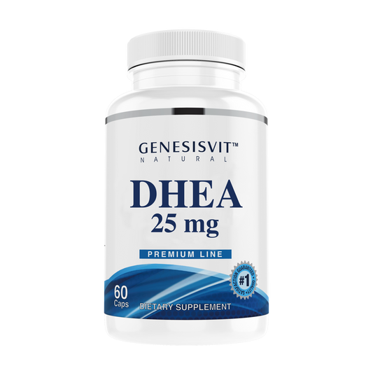 White Genesisvit® DHEA 25mg Premium Line bottle by Alfa Vitamins, featuring #1 seal. Contains 60 capsules for lean muscle mass and immune support. Blue and white design with curved graphic at the base.