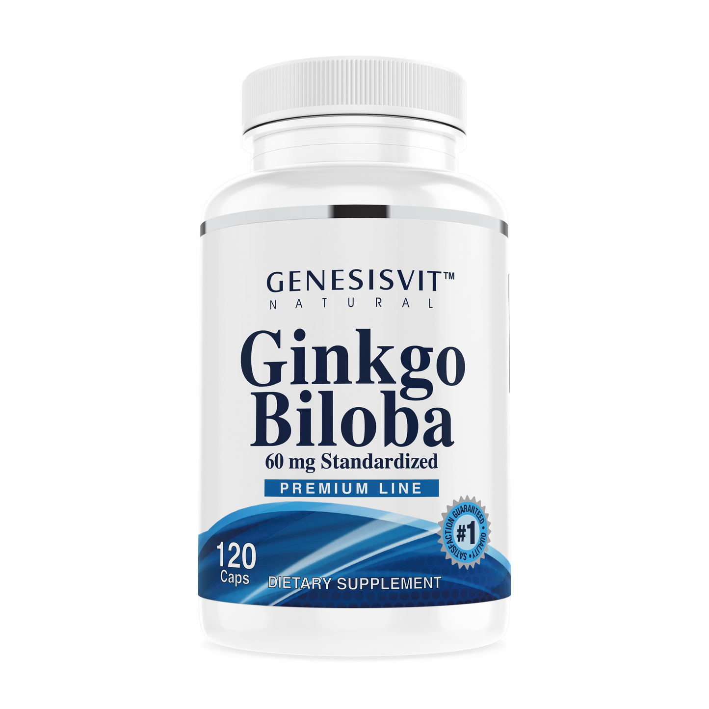 The Alfa Vitamins Genesisvit® Ginkgo Biloba 60 mg Premium Line comes in a white bottle with 30 capsules, supporting cognitive function and providing antioxidant protection.