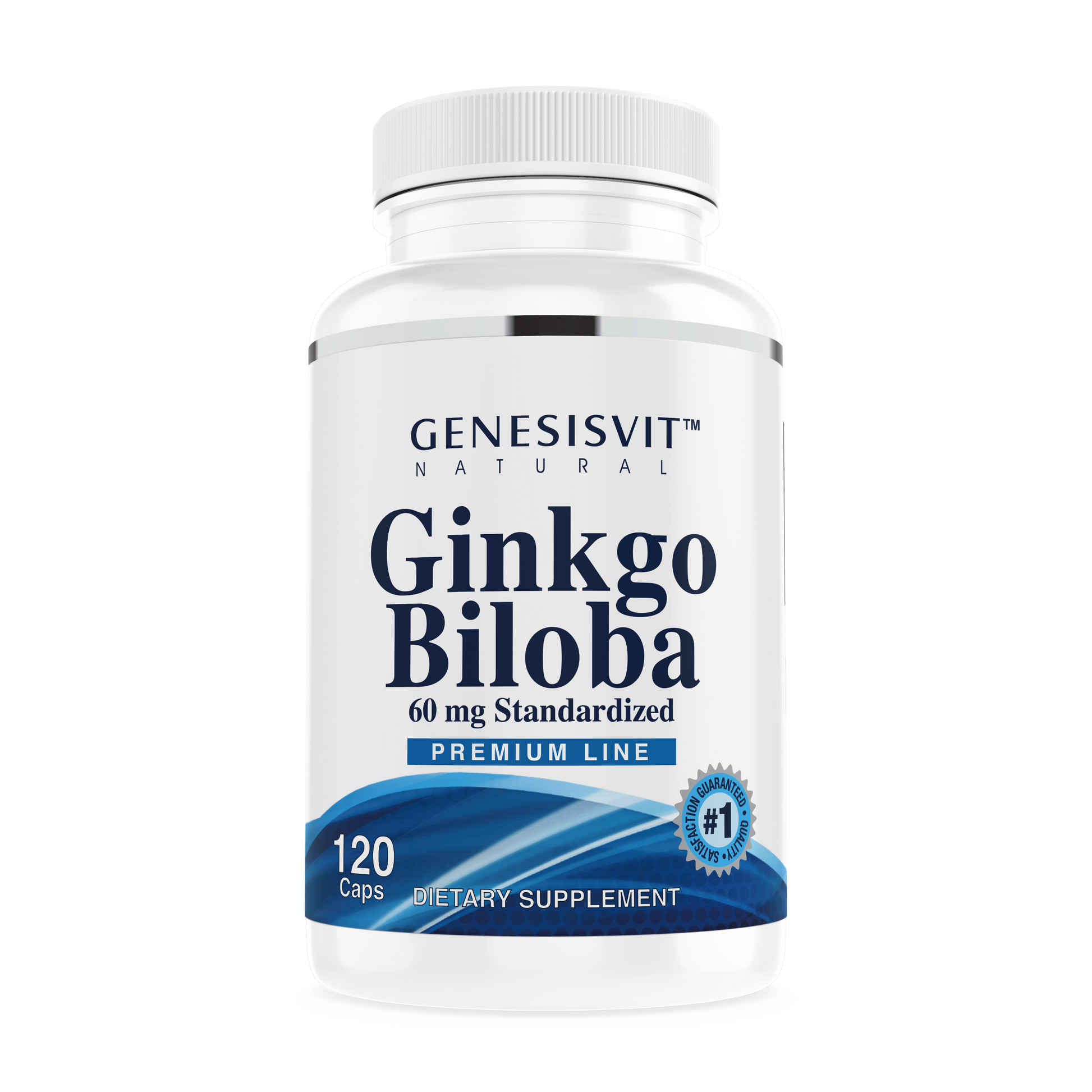 The Alfa Vitamins Genesisvit® Ginkgo Biloba 60 mg Premium Line comes in a white bottle with 30 capsules, supporting cognitive function and providing antioxidant protection.