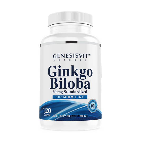 The Alfa Vitamins Genesisvit® Ginkgo Biloba 60 mg Premium Line comes in a white bottle with 30 capsules, supporting cognitive function and providing antioxidant protection.